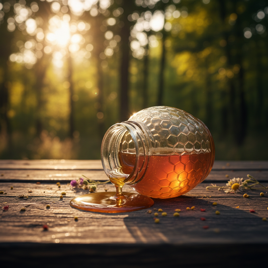 Practically Crunchy honey jar outdoors